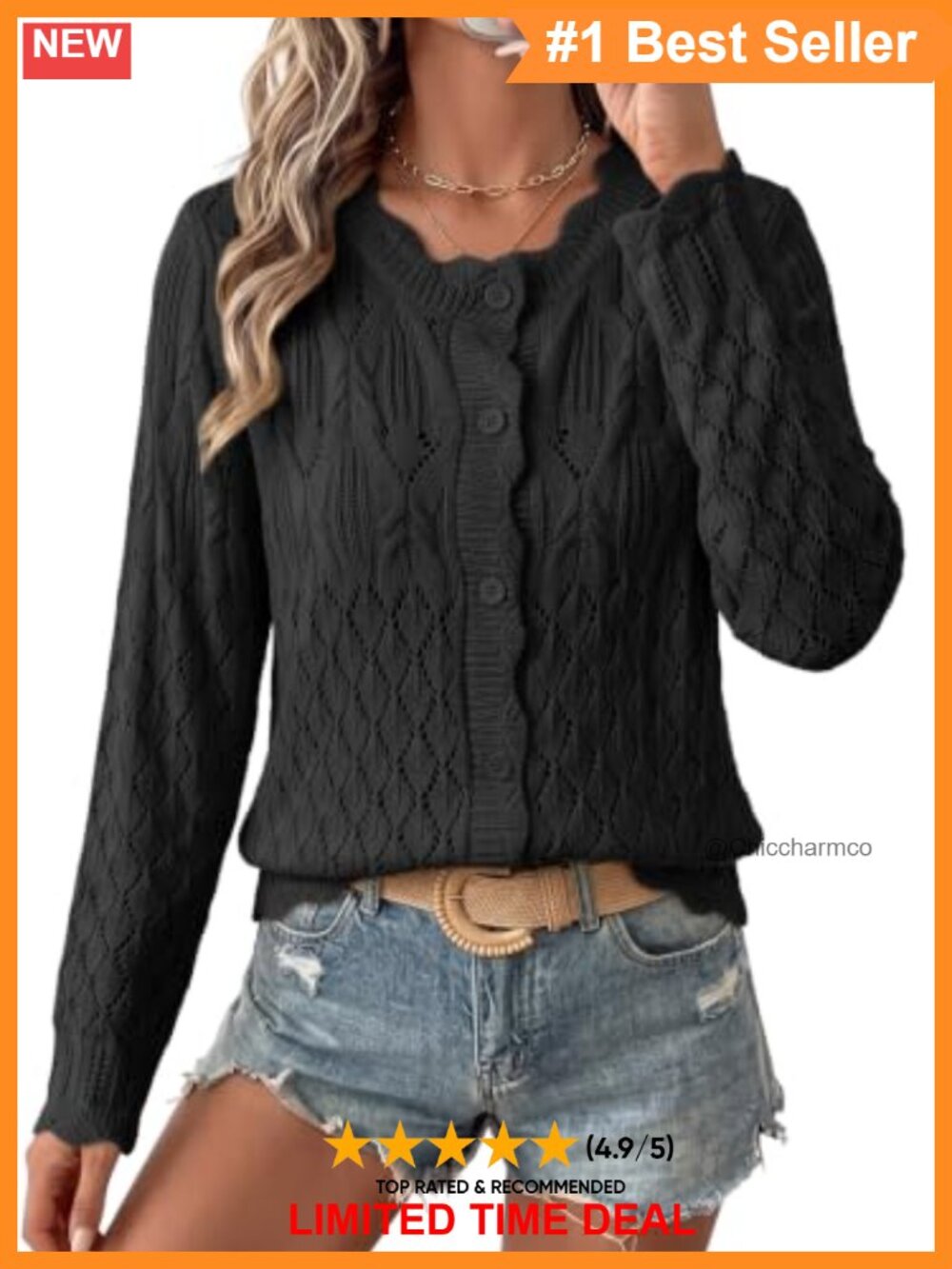 Long Sleeve Hollow Out Knit Cardigan Sweater with Ruffle Hem